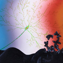 Load image into Gallery viewer, "Activated Dreamer" Oil on Canvas painting of a figure with butterflies escaping their heads, over a blue, white and red gradient with a firing neuron